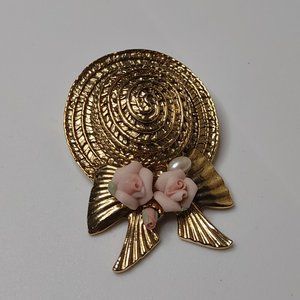 Vintage Gold Tone Hat With Pink Flowers Brooch